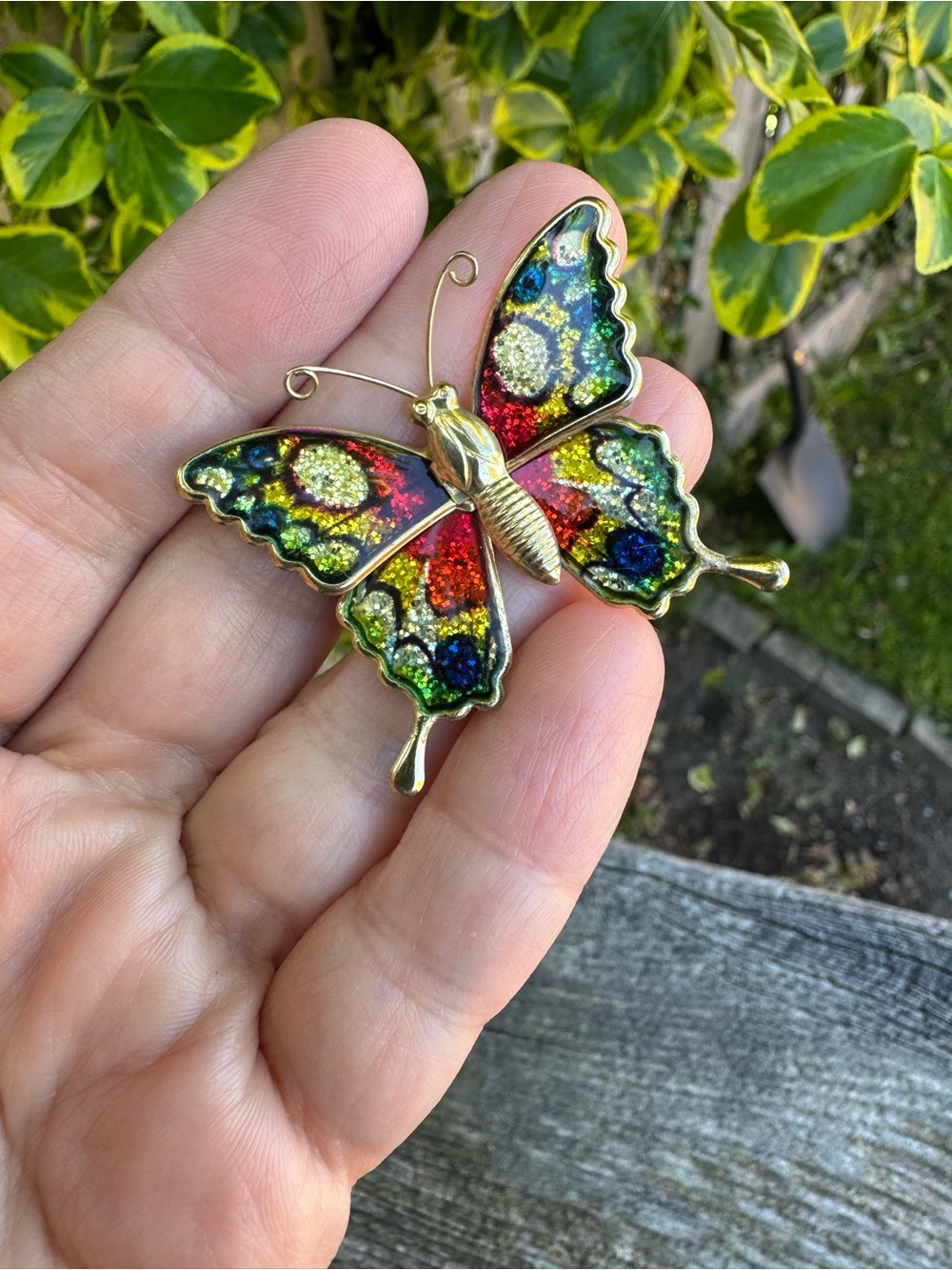 Vintage Gold Metal Butterfly Brooch with Multicolor Glitter Wings - 70’s